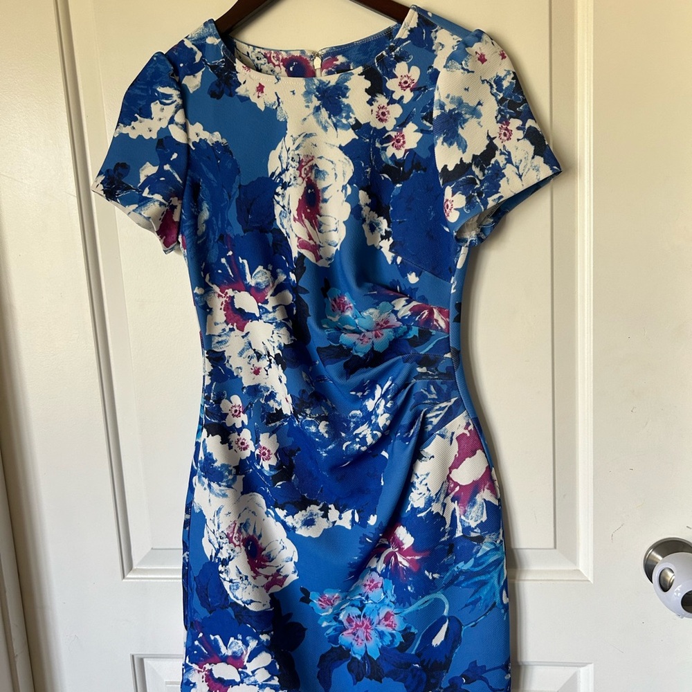 Adrianna Papell Blue Sheath Dress with Flutter Sleeves